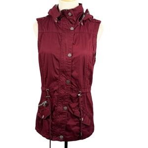 YMI Womens M Utility Vest Burgundy Hooded Drawstring Waist V1460 Gorpcore Cargo